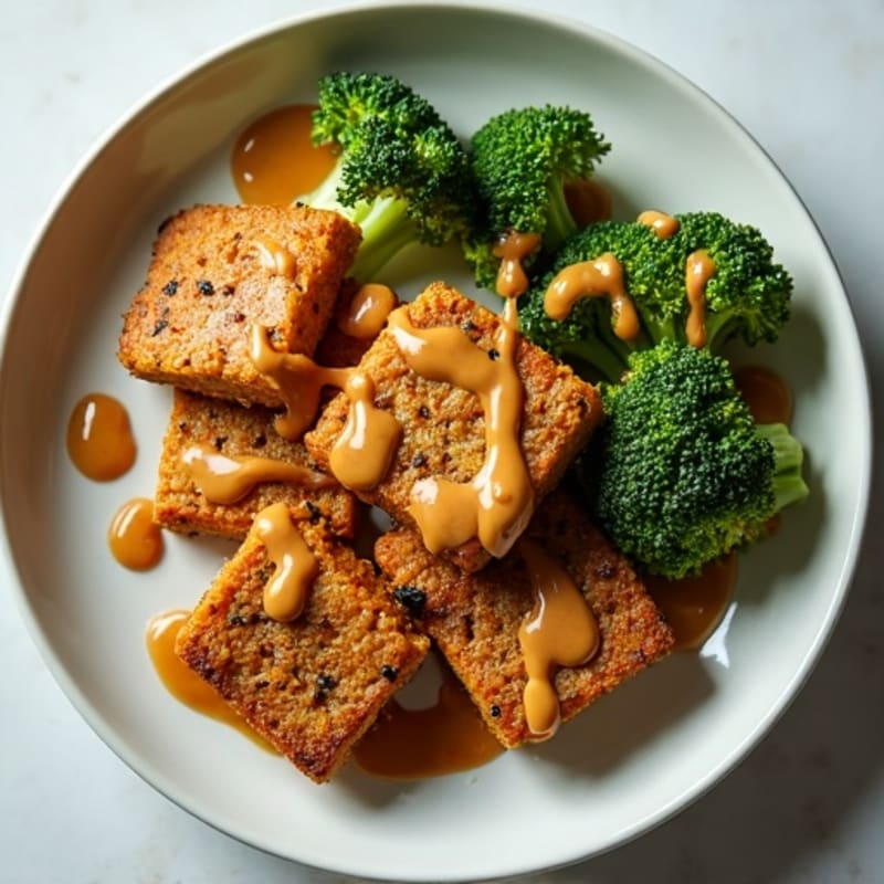 Crispy Tempeh with Roasted Broccoli and Peanut Sauce