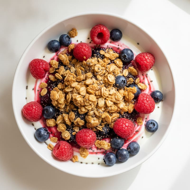 Greek Yogurt Parfait with Crunchy Almond Granola and Mixed Berries