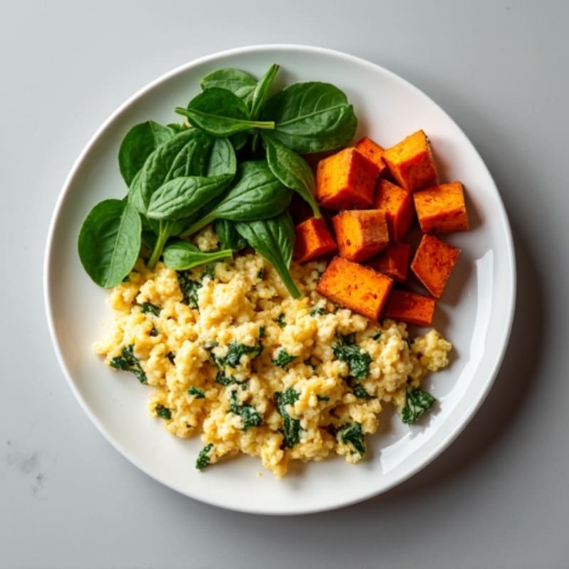 Egg White and Turkey Spinach Scramble with Roasted Sweet Potato