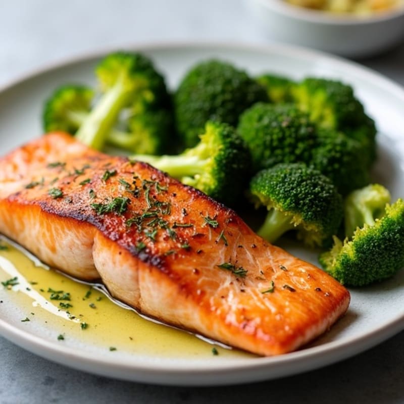 Crispy Skin Salmon with Garlic Herb Roasted Broccoli