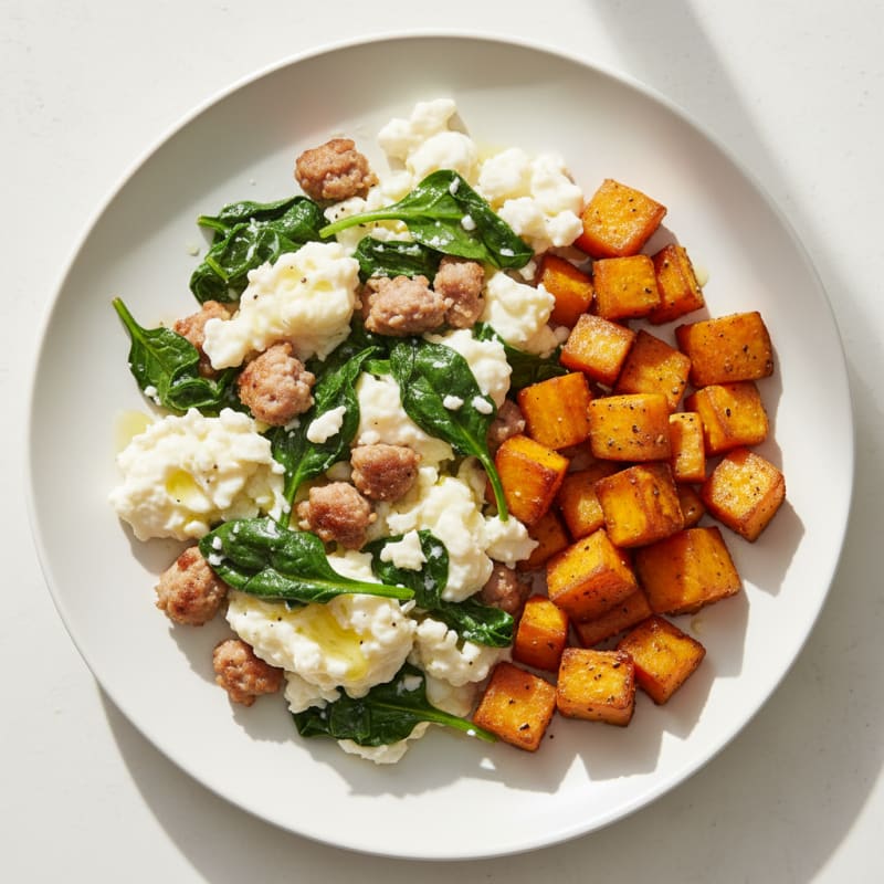 Egg White and Turkey Sausage Scramble with Spinach and Roasted Sweet Potato