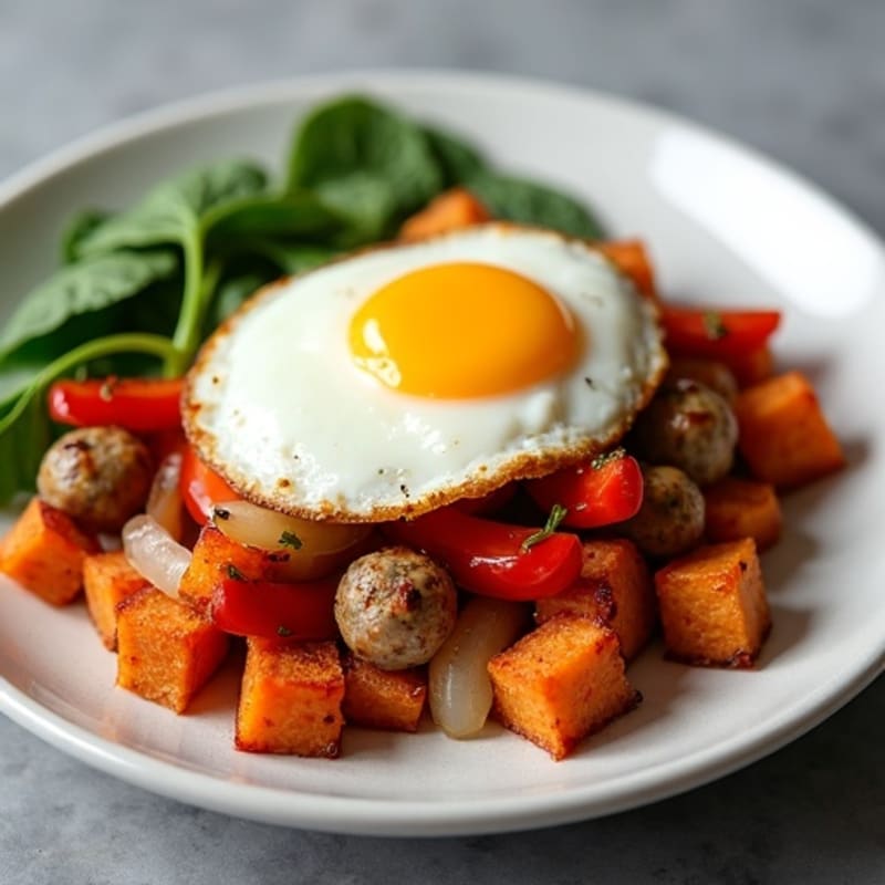 Crispy Sweet Potato and Turkey Sausage Hash with Fried Egg