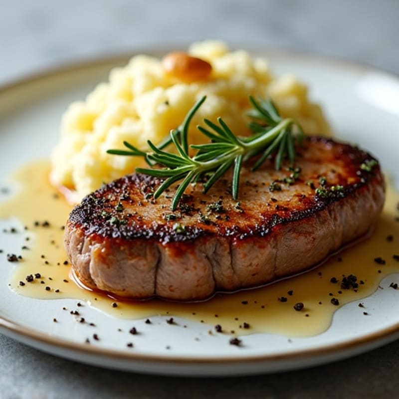 Herb-Crusted Pan Seared Steak with Roasted Garlic Mashed Cauliflower