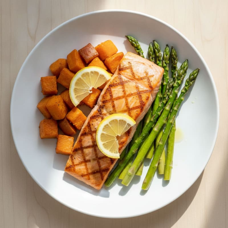 Seared Salmon Fillet with Roasted Sweet Potato and Asparagus