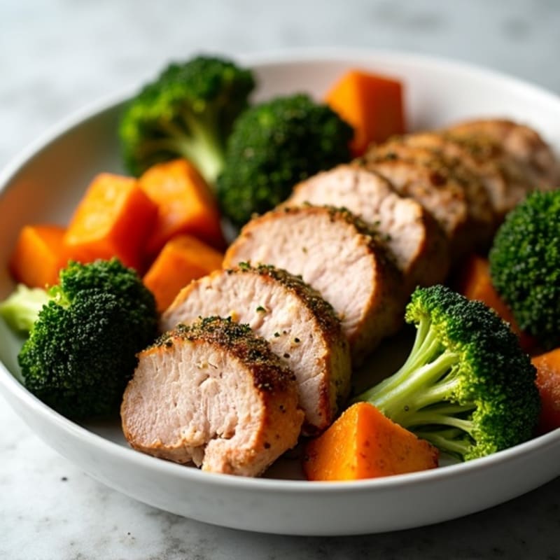Sheet Pan Roasted Pork Tenderloin with Crispy Broccoli and Sweet Potatoes