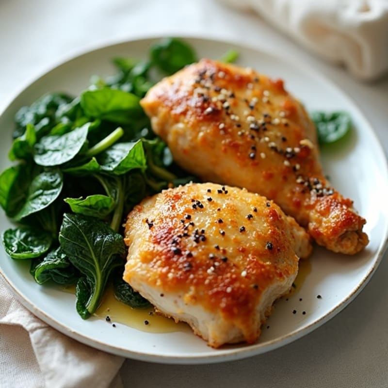Oven-Baked Chicken Thighs with Garlicky Sautéed Spinach