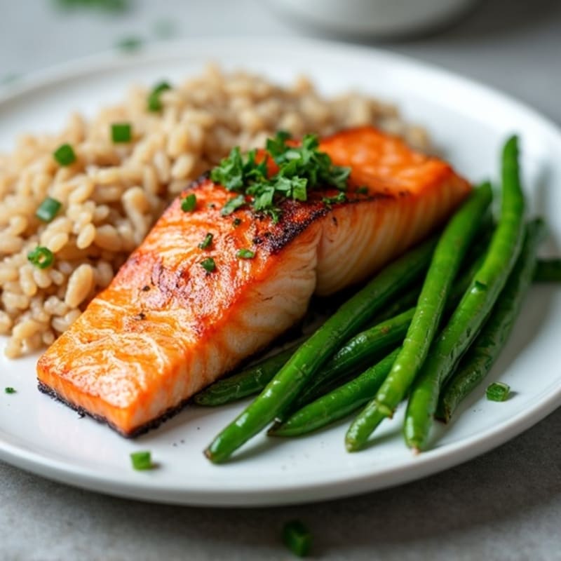 Seared Salmon Fillet with Garlic Green Beans and Brown Rice