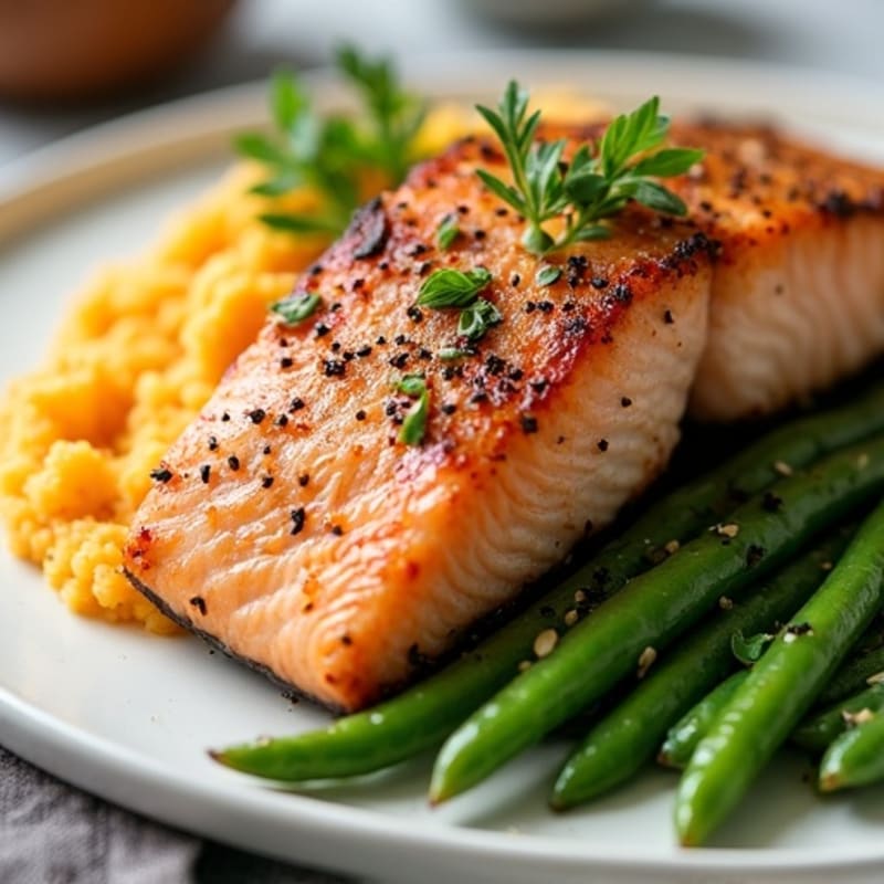 Seared Salmon with Garlic Green Beans and Sweet Potato Mash