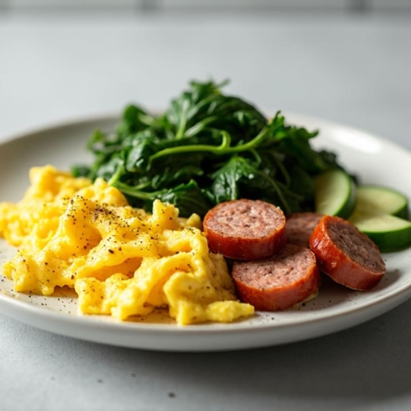 Scrambled Eggs with Sautéed Spinach and Lean Turkey Sausage