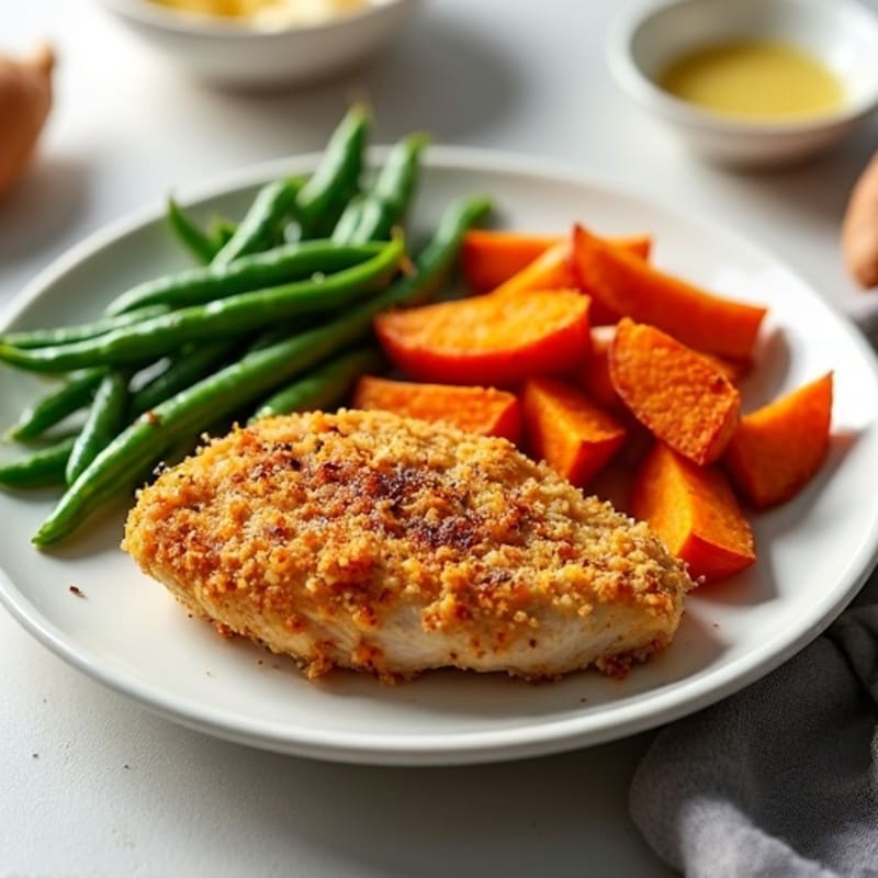 Crispy Baked Chicken with Sweet Potato Fries and Garlicky Green Beans