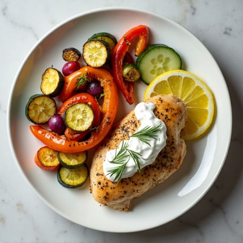 Lemon-Herb Roasted Chicken with Roasted Vegetables and Creamy Tzatziki