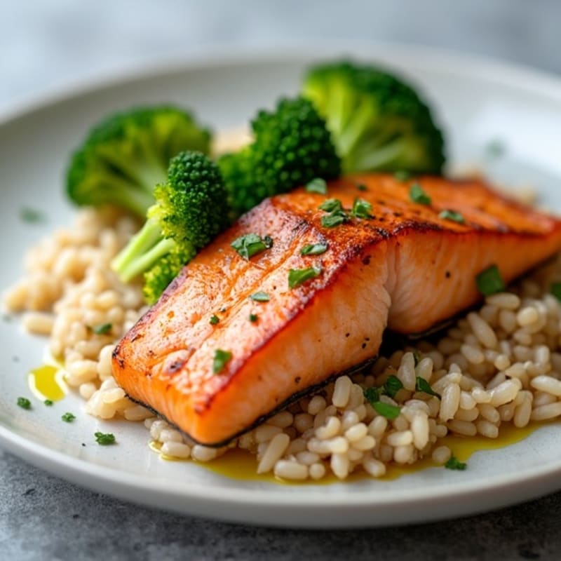 Seared Salmon with Steamed Broccoli and Brown Rice