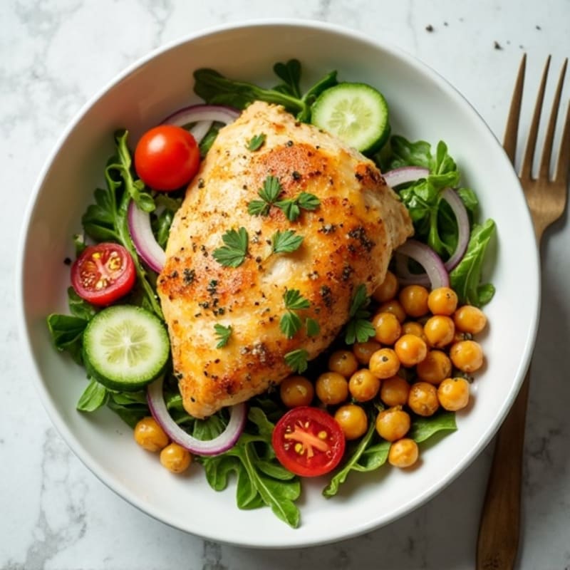 Lemon Herb Chicken with Crispy Chickpeas and Fresh Vegetable Salad