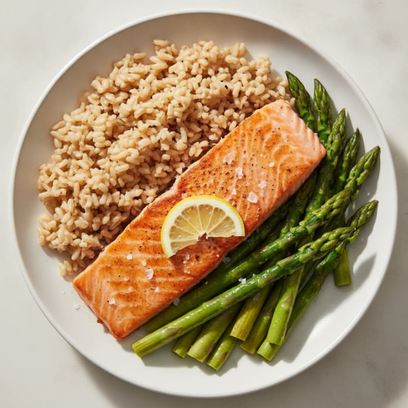 Seared Salmon with Steamed Asparagus and Brown Rice