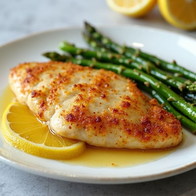 Crispy Lemon Garlic Pan-Seared Chicken Breast with Roasted Asparagus