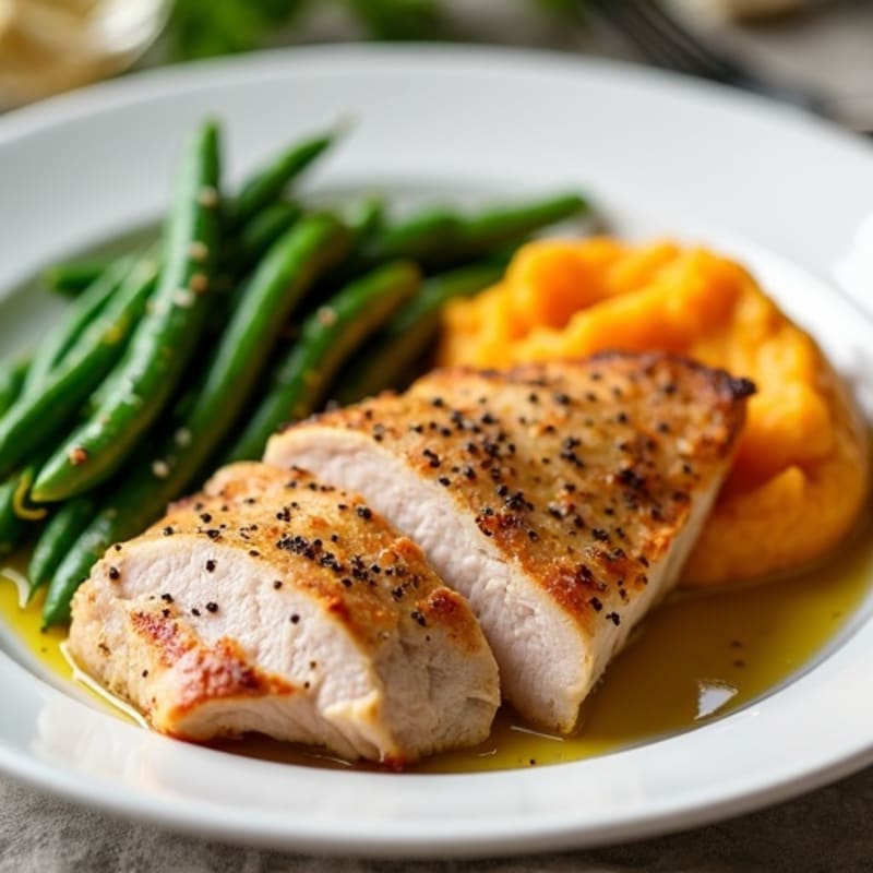 Seared Turkey Breast with Garlic Green Beans and Sweet Potato Mash