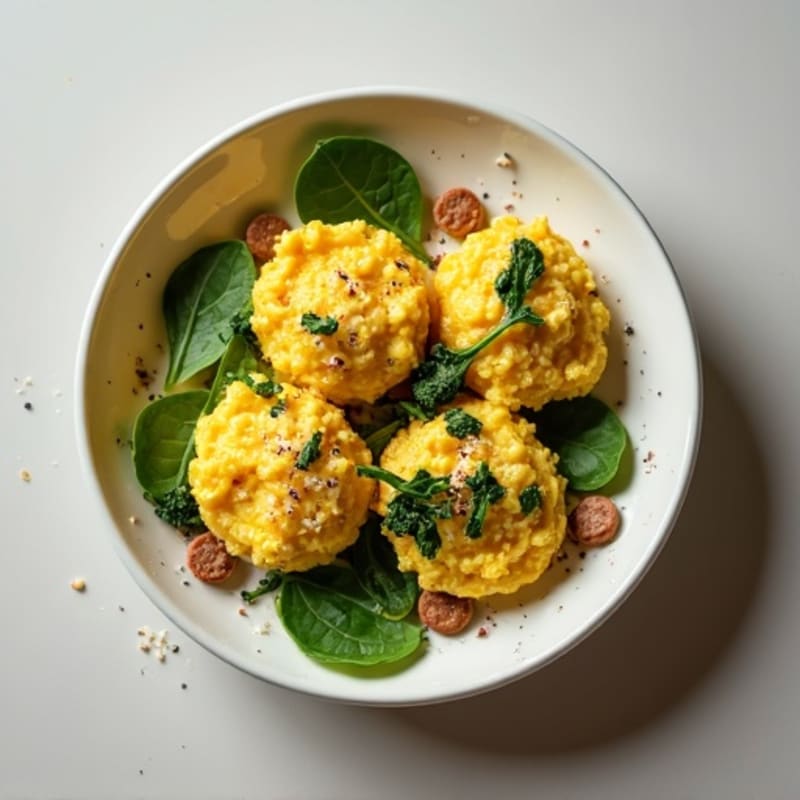 Fluffy Scrambled Eggs with Fresh Spinach and Savory Turkey Sausage