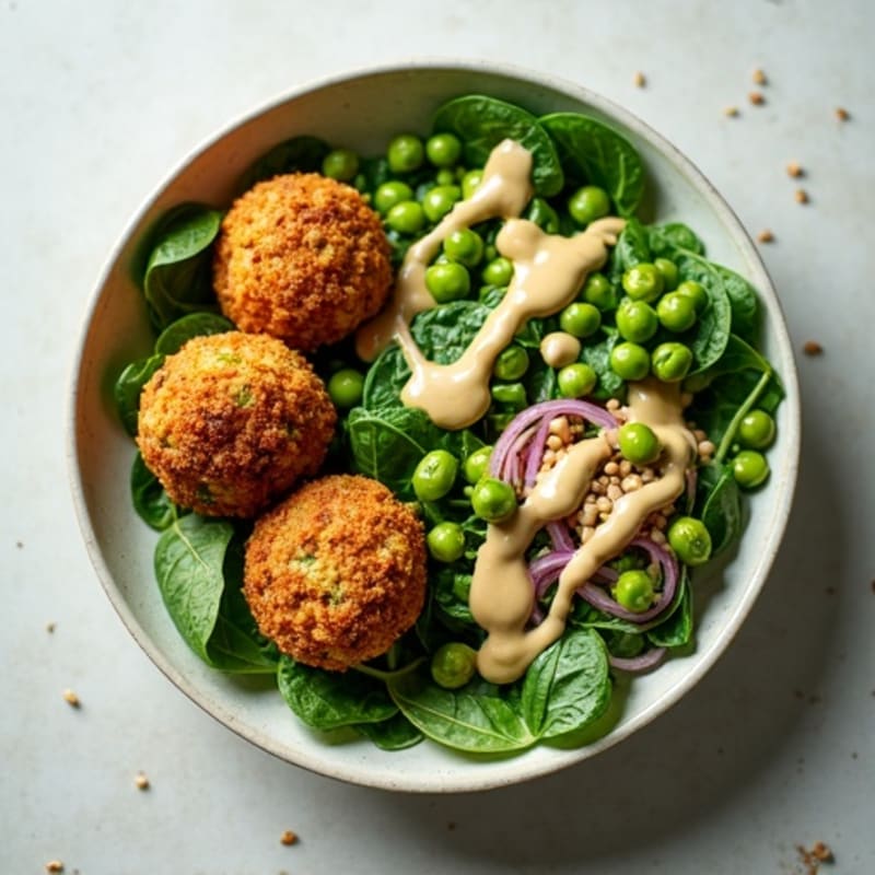 Crispy Baked Falafel with Fresh Greens and Creamy Tahini Dressing
