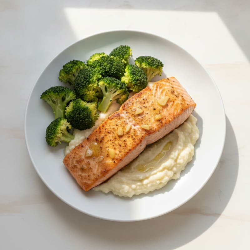 Seared Salmon with Steamed Broccoli and Garlic Cauliflower Mash