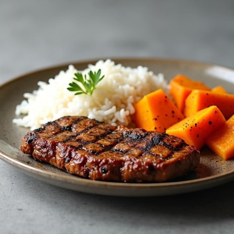 Grilled Steak with Roasted Sweet Potatoes and Steamed Rice