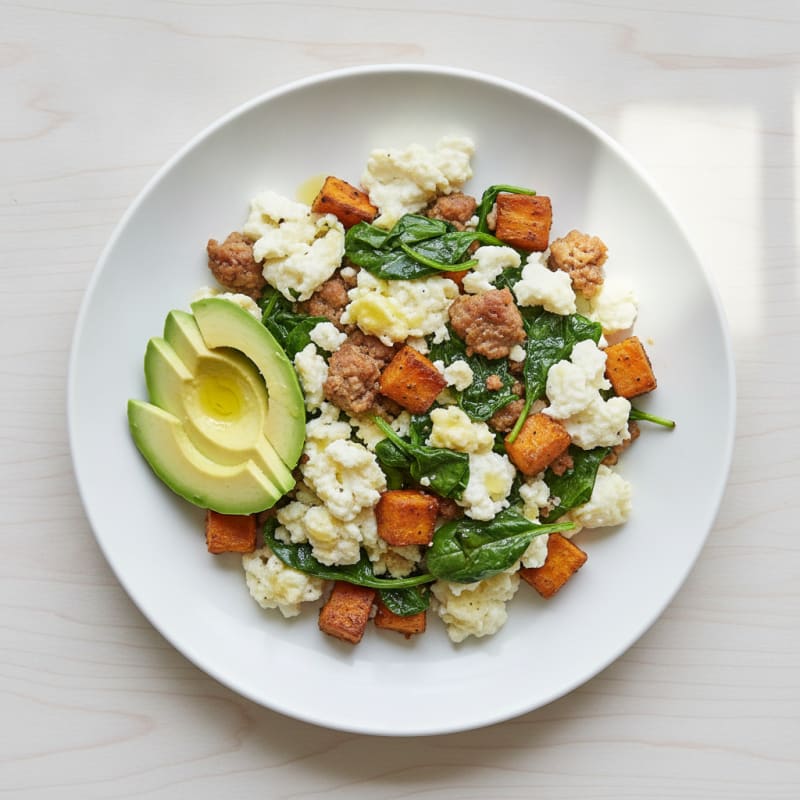Egg White Scramble with Turkey Sausage and Spinach