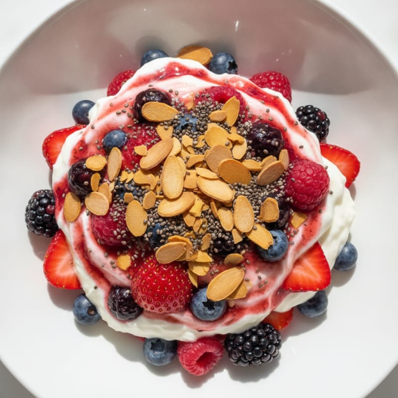 Greek Yogurt Protein Parfait with Mixed Berries and Almonds