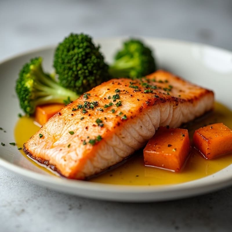 Pan-Seared Salmon with Roasted Sweet Potato and Garlicky Broccoli