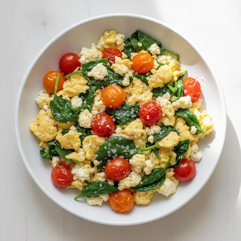 Cottage Cheese Egg Scramble with Spinach and Cherry Tomatoes