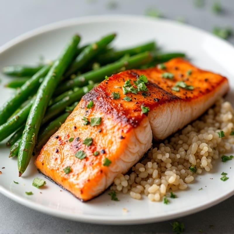 Seared Salmon with Garlic Green Beans and Brown Rice