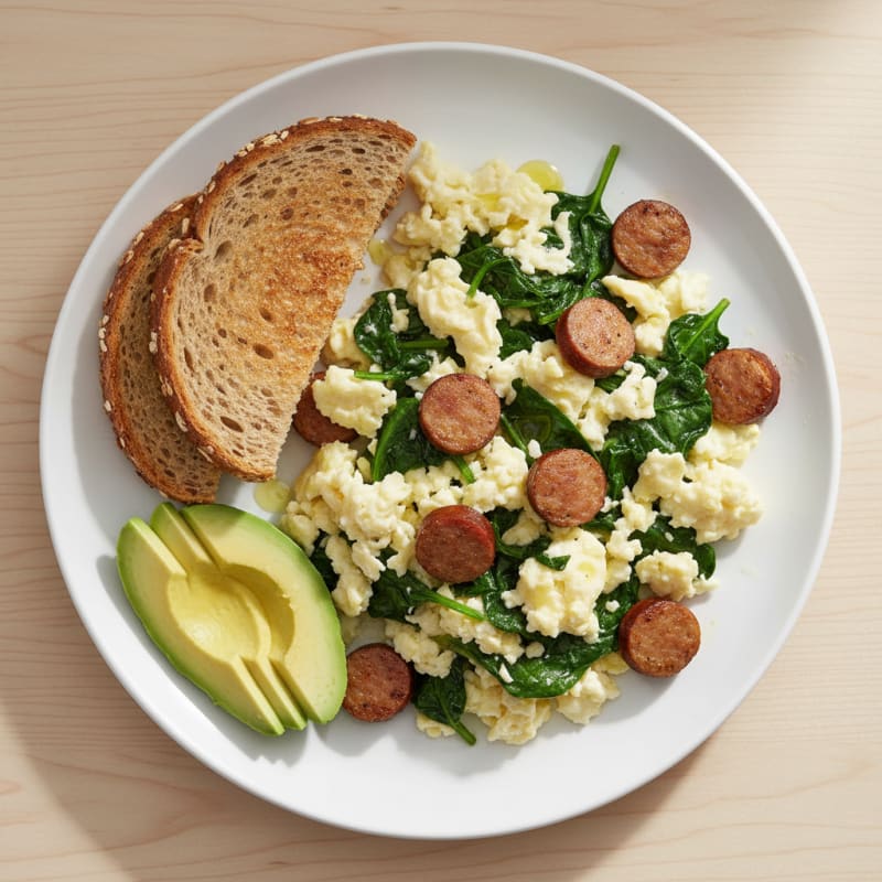 Egg White Scramble with Turkey Sausage and Sautéed Spinach