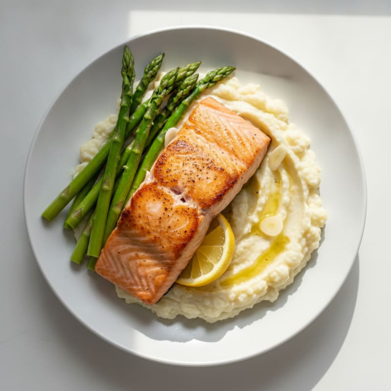 Seared Salmon with Steamed Asparagus and Garlic Mashed Cauliflower