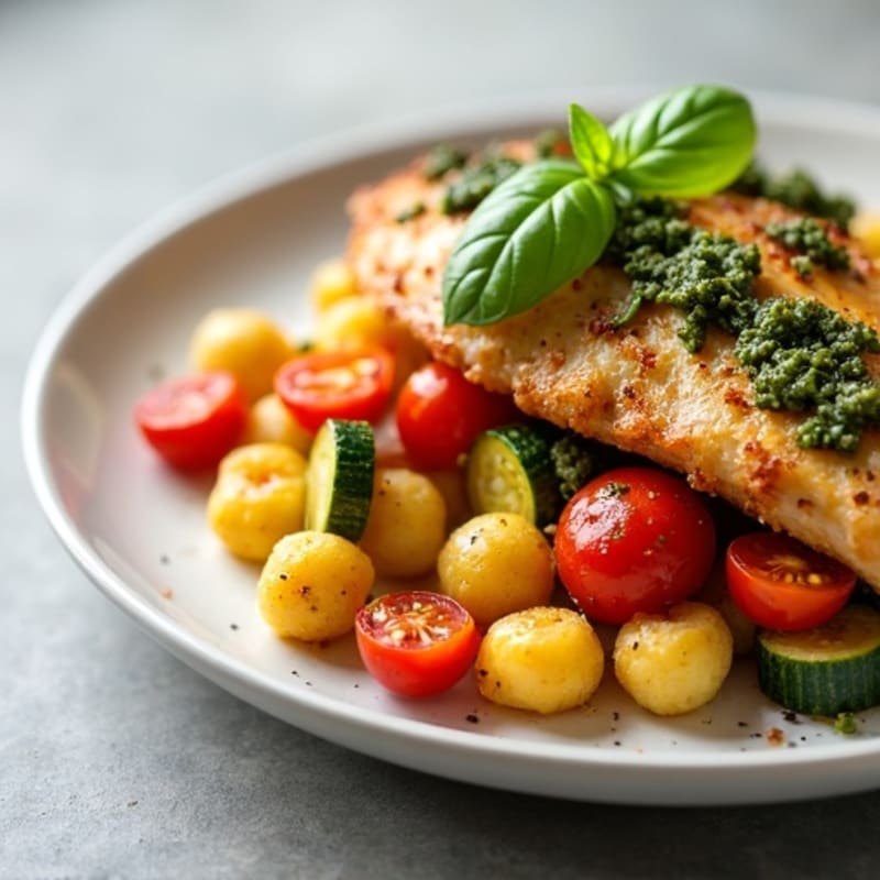 Crispy Gnocchi with Chicken, Roasted Veggies, and Fresh Pesto