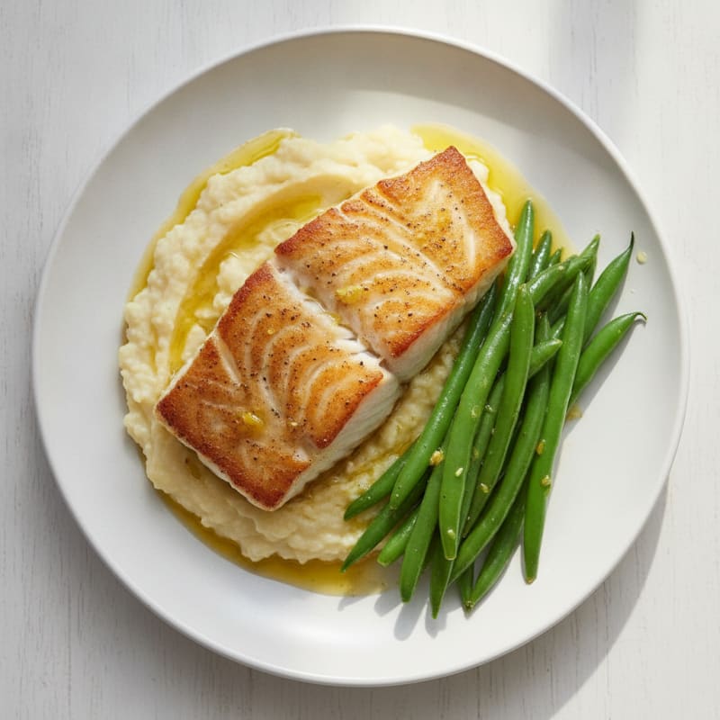 Seared Cod Fillet with Steamed Green Beans and Cauliflower Mash
