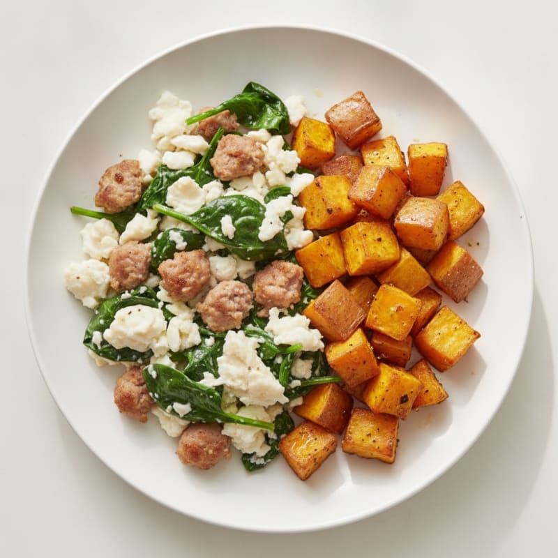 Egg White and Turkey Sausage Scramble with Spinach and Roasted Sweet Potatoes