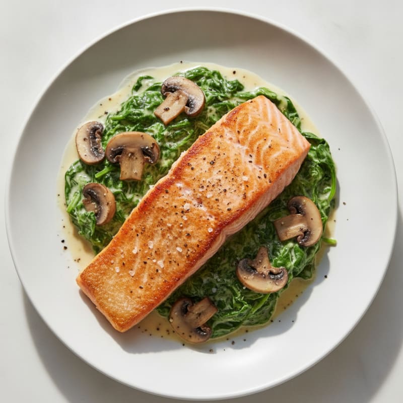 Pan-Seared Salmon with Creamed Spinach and Mushrooms