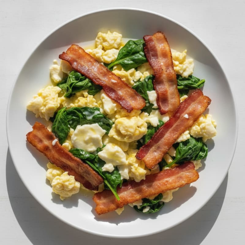 Cheesy Scrambled Eggs with Sautéed Spinach and Turkey Bacon