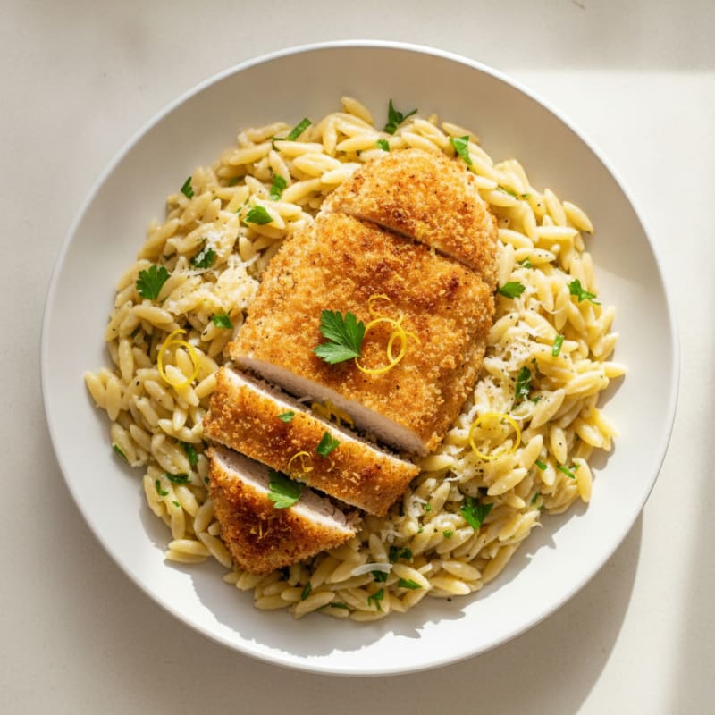 Panko-Crusted Chicken with Lemon-Parmesan Orzo