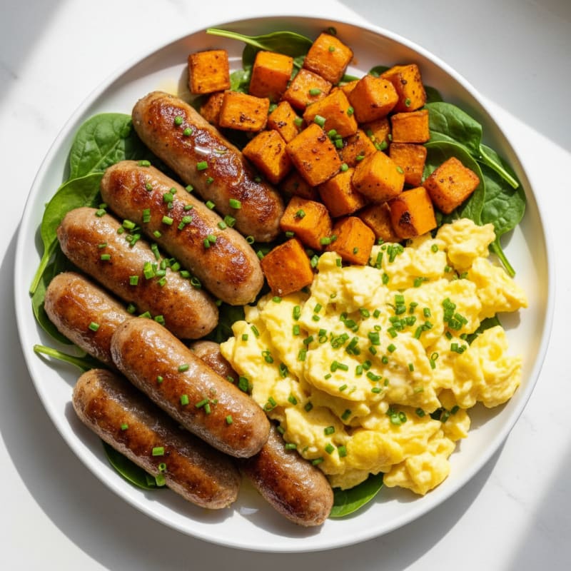 Crispy Turkey Sausage with Scrambled Eggs and Roasted Sweet Potatoes