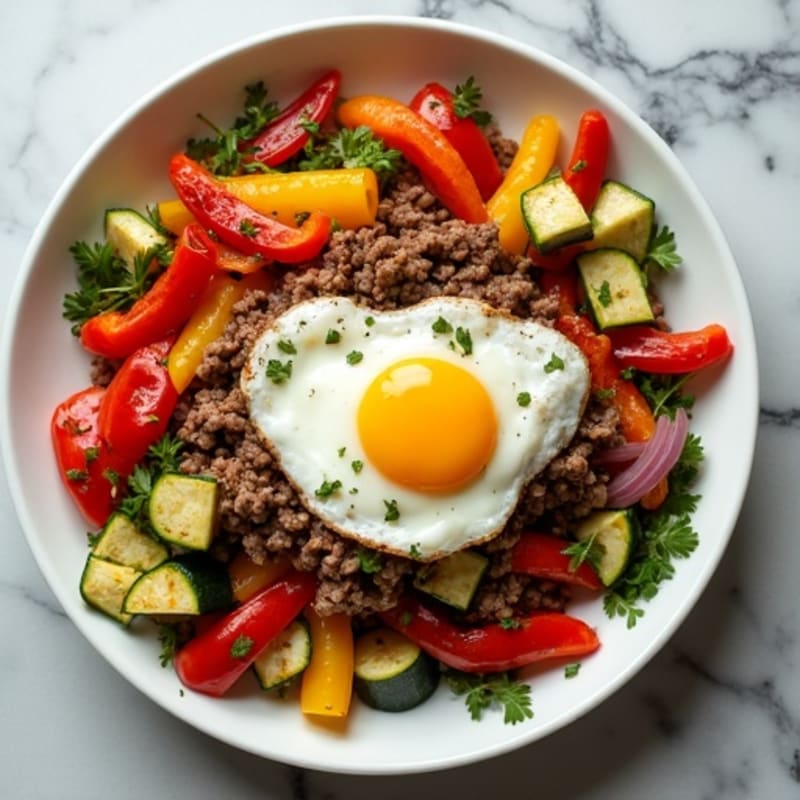Herb-Seasoned Ground Beef Skillet with Roasted Rainbow Vegetables