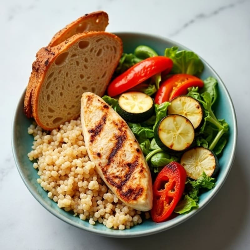 Grilled Chicken and Quinoa Bowl with Roasted Vegetables and Side Salad with Toast