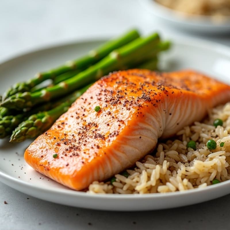 Seared Salmon with Steamed Asparagus and Brown Rice