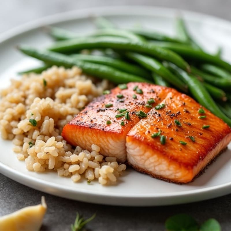 Seared Salmon Fillet with Garlic Green Beans and Brown Rice