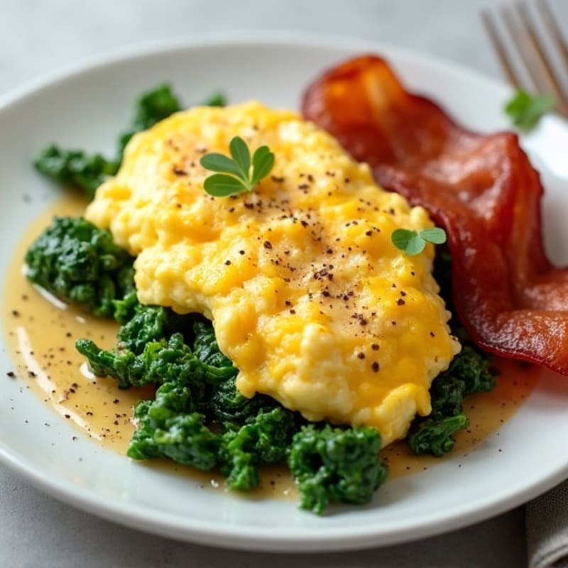 Fluffy Scrambled Eggs with Fresh Spinach and Crispy Turkey Bacon