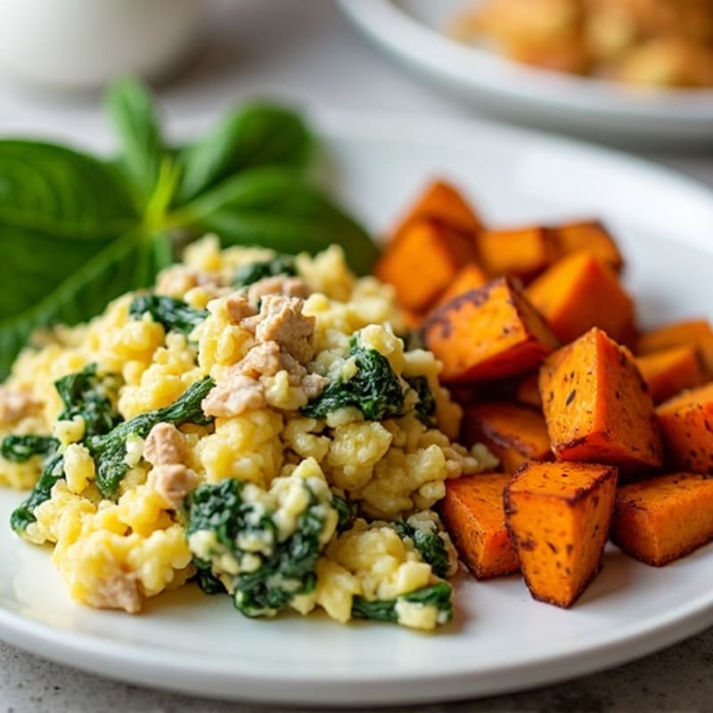 Egg White and Turkey Spinach Scramble with Roasted Sweet Potatoes