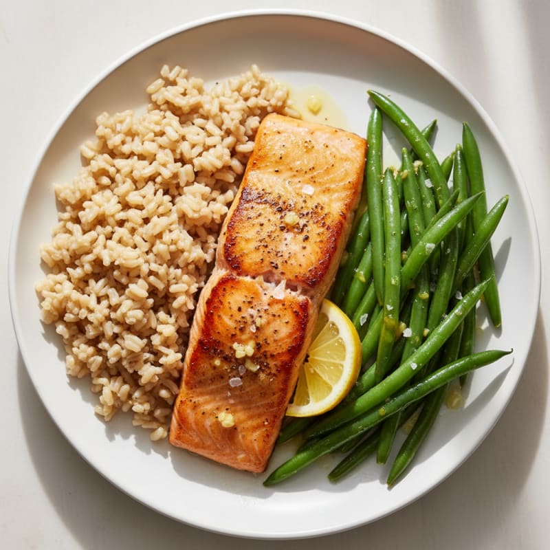 Seared Salmon Fillet with Steamed Green Beans and Brown Rice