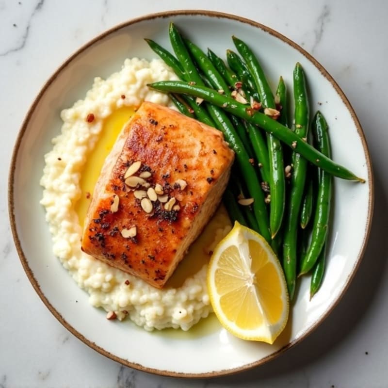 Seared Salmon Filet with Garlic Green Beans and Cauliflower Mash