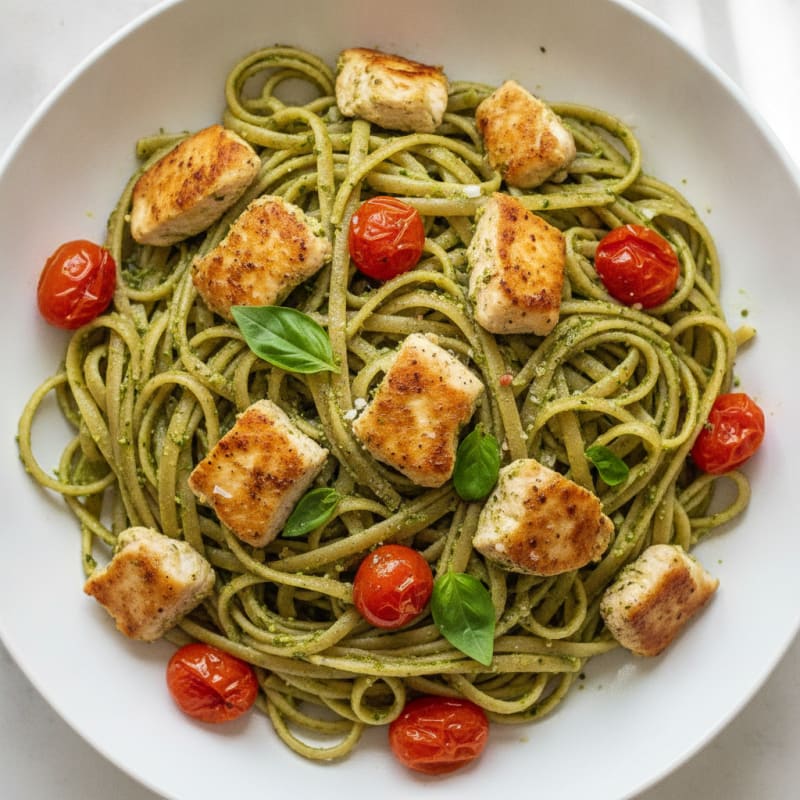 Pesto Chicken Linguine with Blistered Tomatoes
