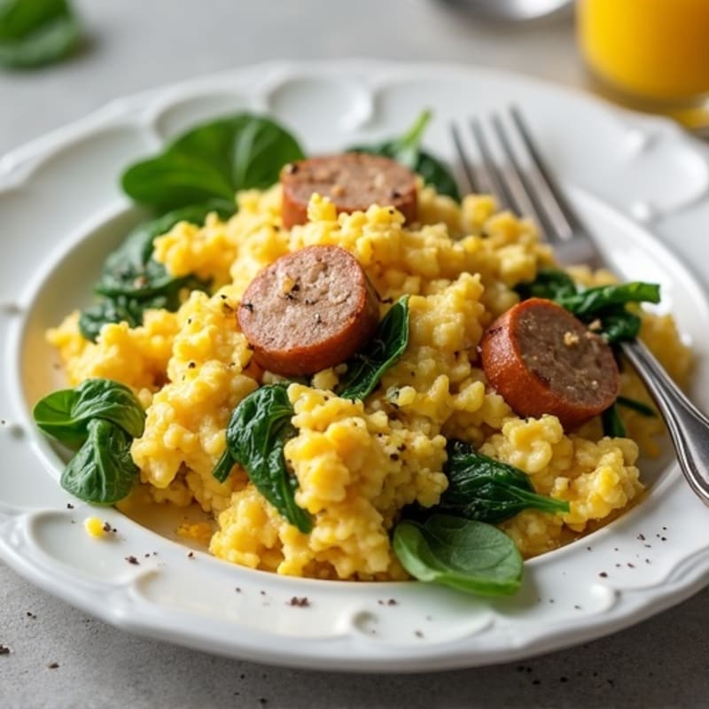 Egg White Scramble with Chicken Sausage and Spinach