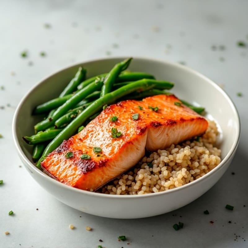 Seared Salmon with Steamed Green Beans and Brown Rice