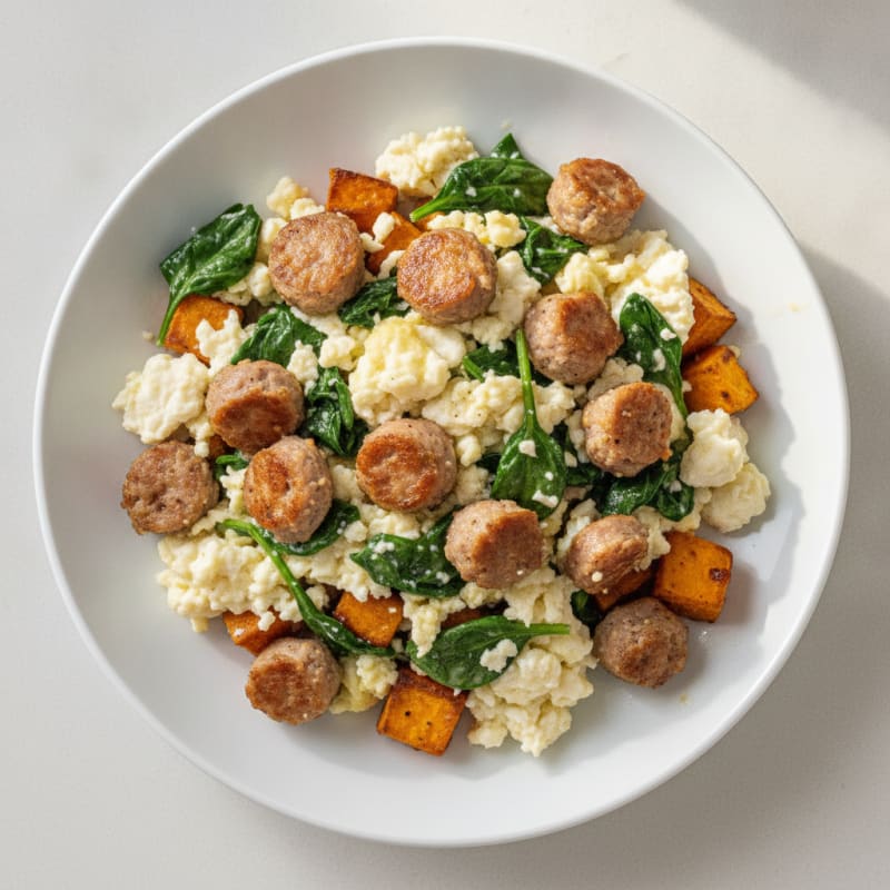 Egg White and Turkey Sausage Scramble with Spinach and Sweet Potato